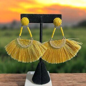 Boho Yellow Tassel Earrings Handmade Fringe Statement Lightweight Festival Artsy